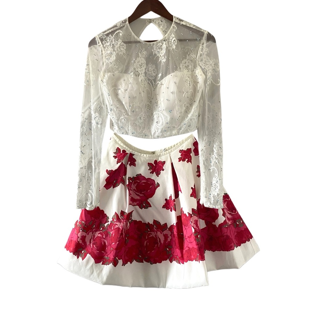 2 piece long sleeve floral Sherri Hill cocktail dress